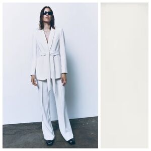 NWT. Zara Ecru Viscose Belted Tuxedo Jacket. Size L.